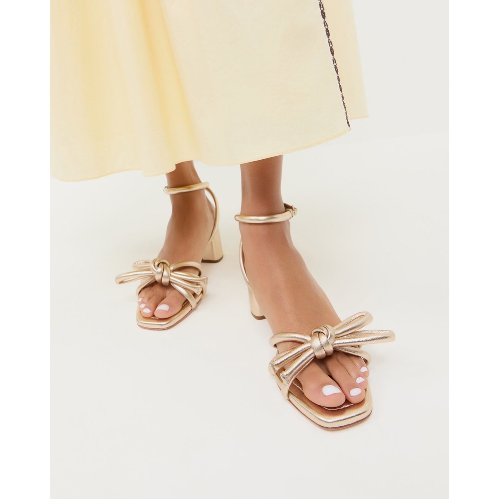 Loeffler Randall Mikel Gold Leather Bow Ankle Strap Block Heel Sandals 6